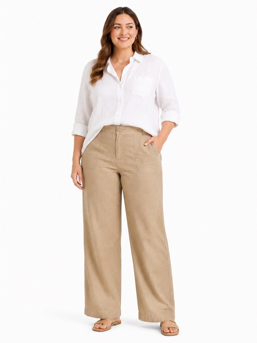 Ashley Stewart Classic Linen Blend Wide Leg Pants 14W Tan